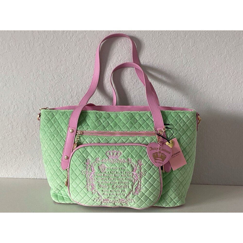 Juicy Couture Juicy Tale Weekender Tote Bag Retro Green Pink Quilted NEW‎